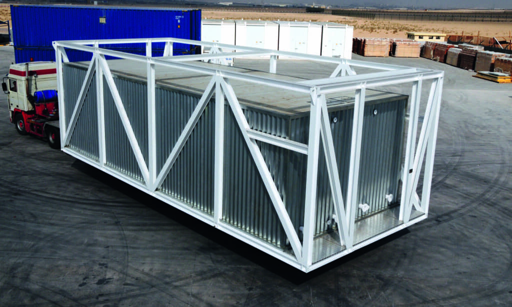 Insulated water tank installed in a steel foundation.