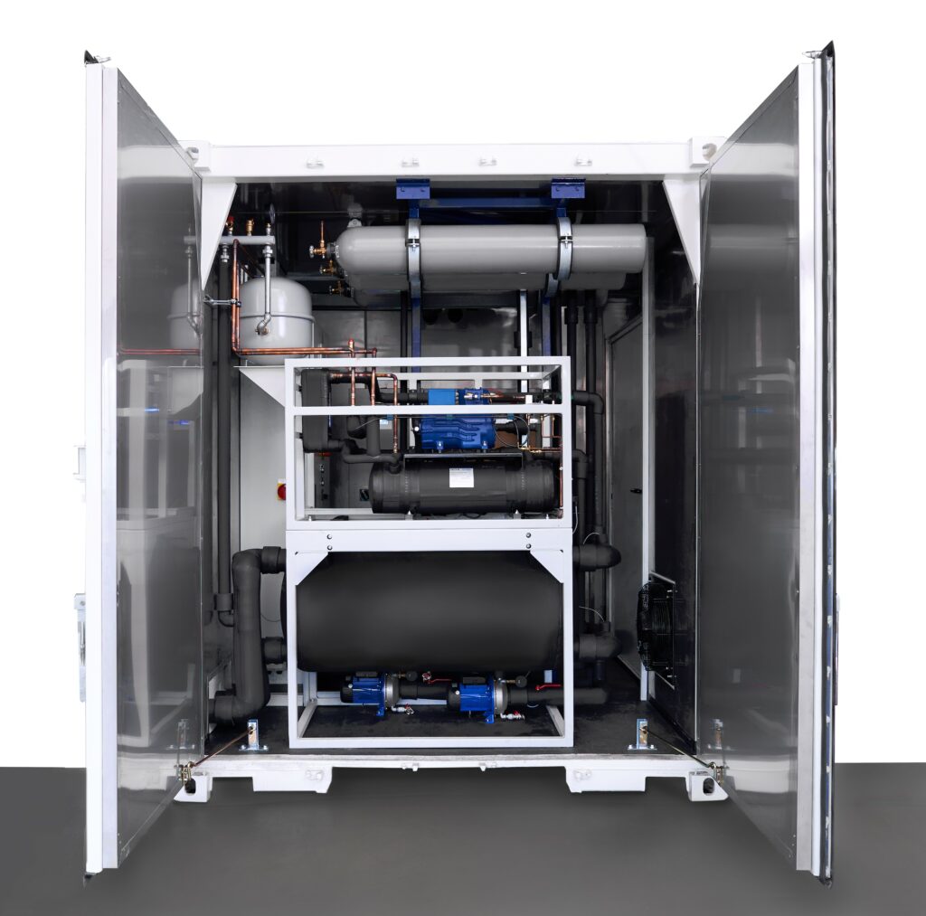 View of the machine room of the ultra-low temperature cold storage. Due to the installation in a container, the machine room is very compact.